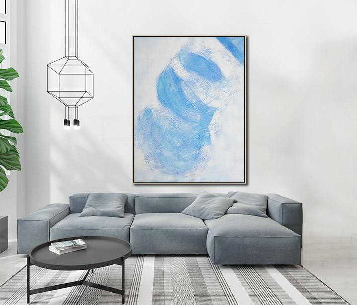 Huge Abstract Painting On Canvas,Vertical Palette Knife Contemporary Art,Huge Abstract Canvas Art,Sky Blue,White,Gray.etc
